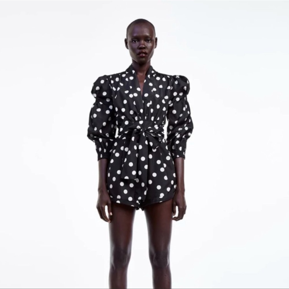 Zara Black Polka Dot Puff-Sleeve Romper